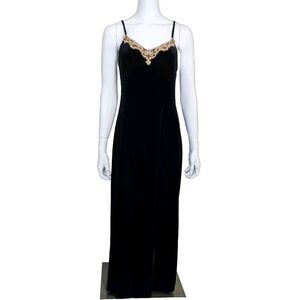 Delicates Womens S Black Velvet Slip Maxi Gold Embroidered Neckline Goth Sexy